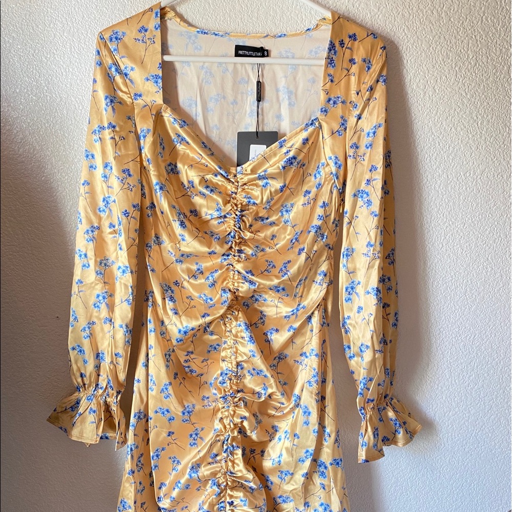 Yellow satin ditsy floral ruched body con dress